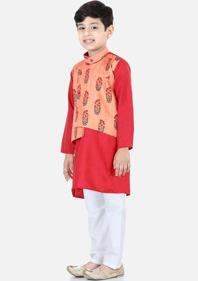 Red Embroidered Cotton Kurta Set For Boys - Indya