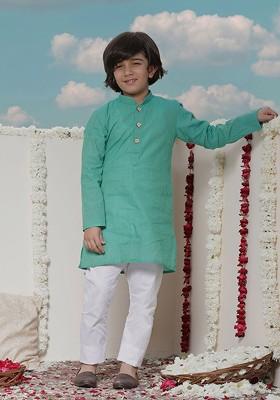 Blue Solid Blended Kurta Set For Boys