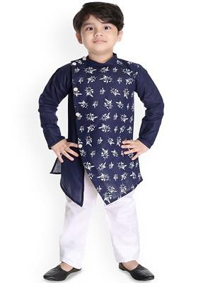 Navy Blue Printed Blended Kurta Set For Boys