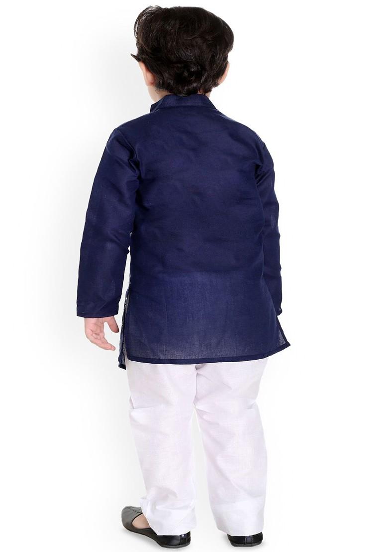 Navy Blue Printed Blended Kurta Set For Boys - Indya