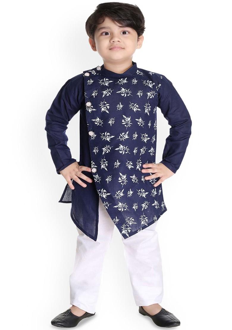 Navy Blue Printed Blended Kurta Set For Boys - Indya