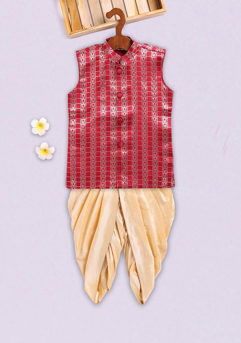 Maroon Embroidered Blended Kurta Dhoti Set For Boys - Indya