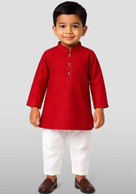 Maroon Embroidered Blended Kurta Set For Boys