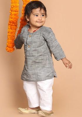 Grey Embroidered Cotton Kurta Set For Boys