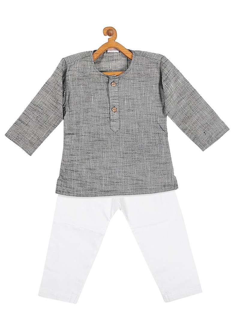 Grey Embroidered Cotton Kurta Set For Boys - Indya