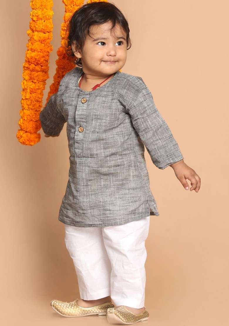 Grey Embroidered Cotton Kurta Set For Boys - Indya