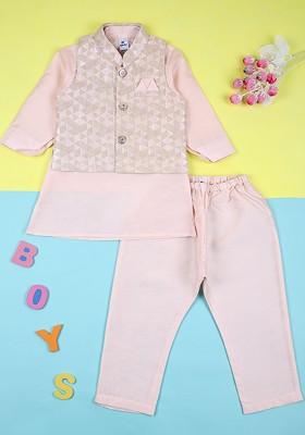 Pink Embroidered Cotton Nehru Jacket Set For Boys
