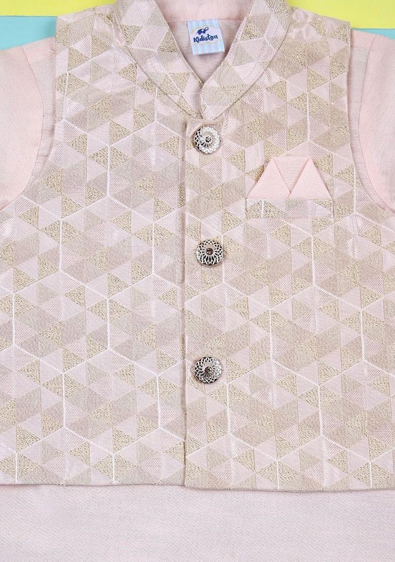 Pink Embroidered Cotton Nehru Jacket Set For Boys - Indya