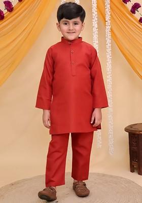 Rust Solid Cotton Kurta Set For Boys