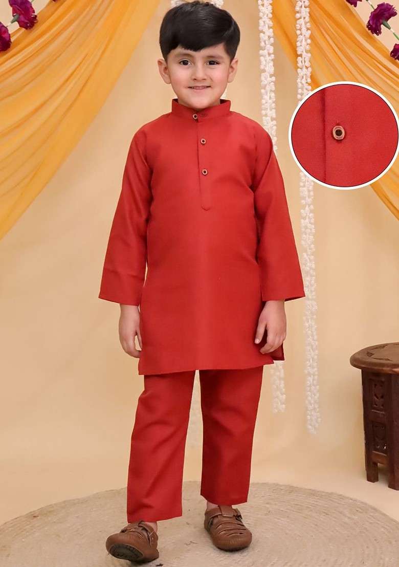Rust Solid Cotton Kurta Set For Boys - Indya