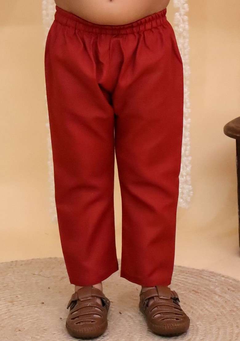 Rust Solid Cotton Kurta Set For Boys - Indya