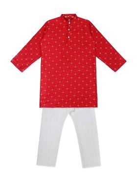 Maroon Self Design Cotton Kurta Set For Boys