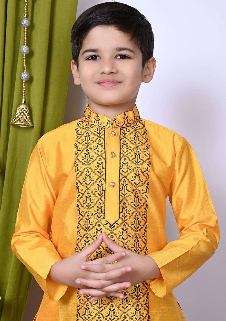 Yellow Embroidered Silk Kurta Set For Boys - Indya
