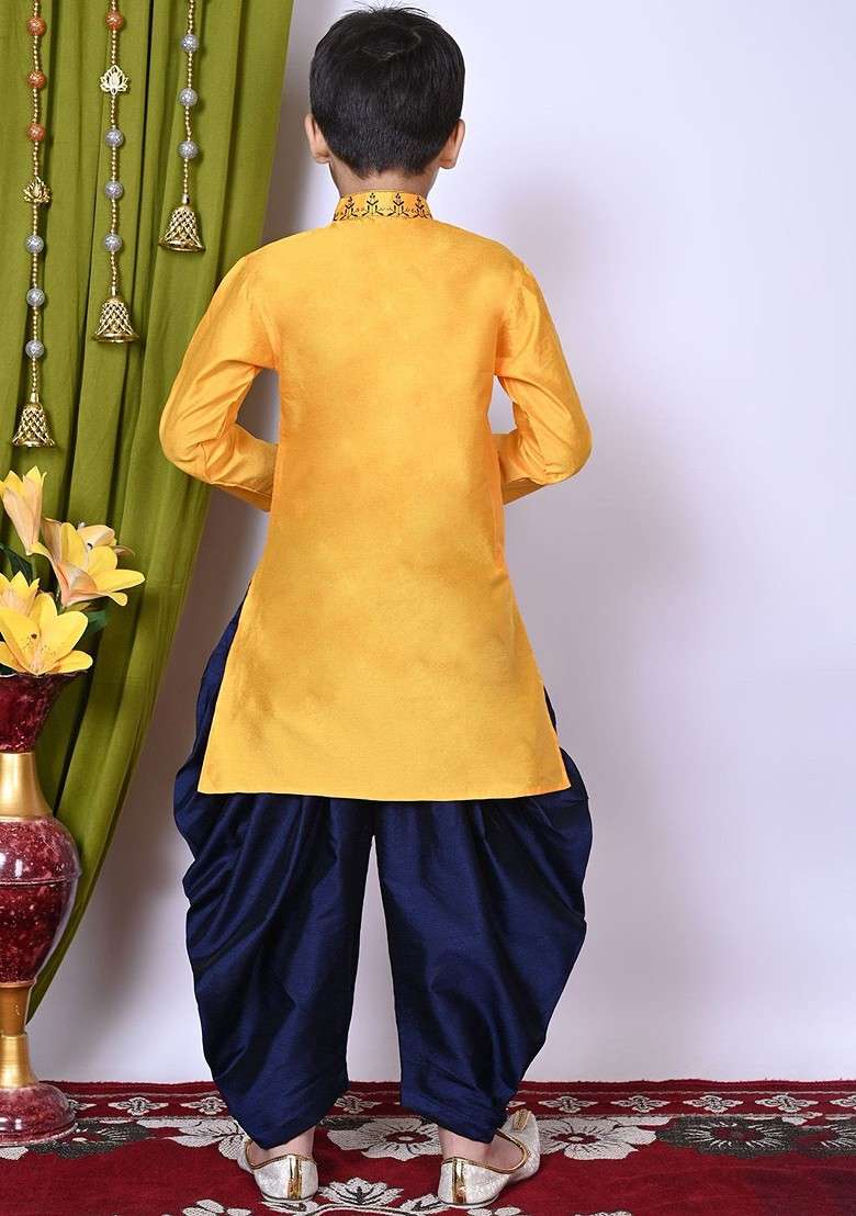 Yellow Embroidered Silk Kurta Set For Boys - Indya