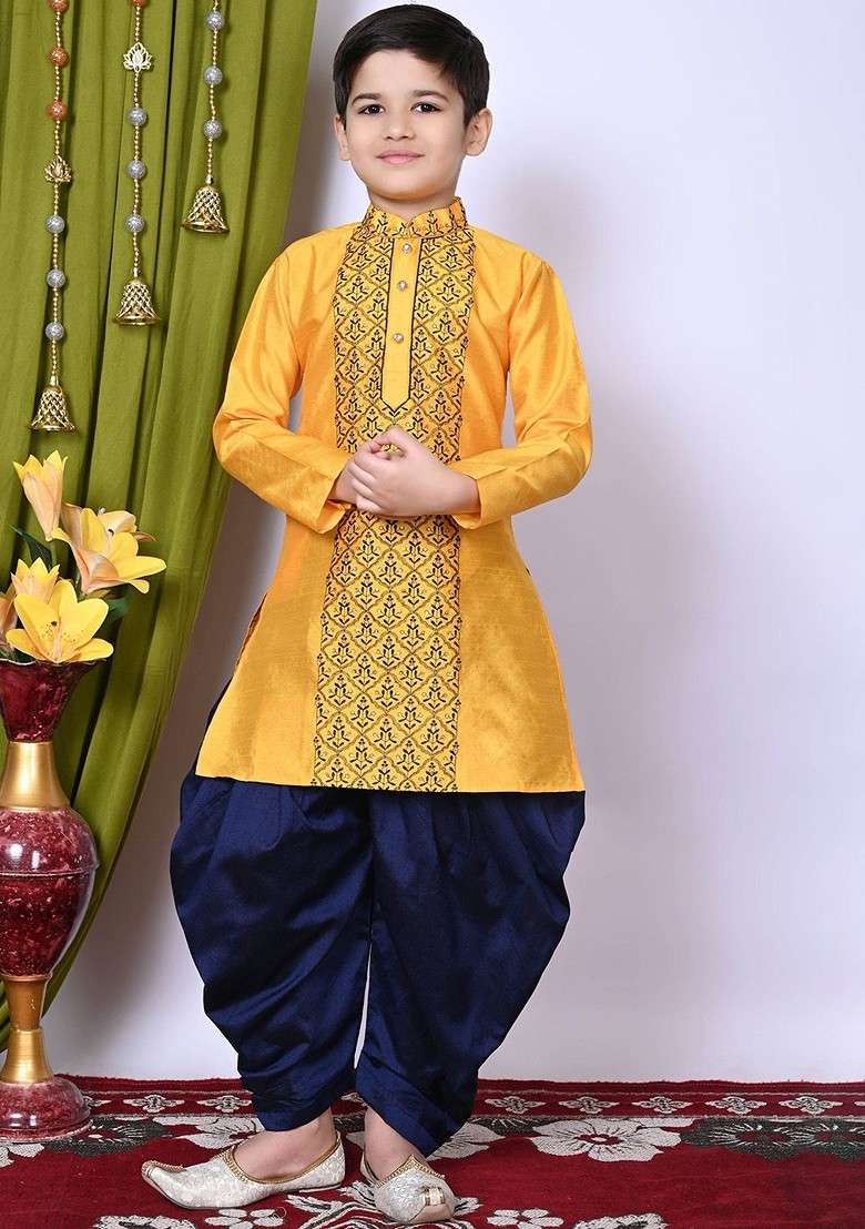 Yellow Embroidered Silk Kurta Set For Boys - Indya