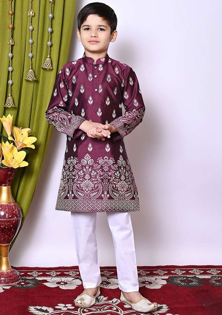 Purple Printed Silk Kurta Set For Boys - Indya