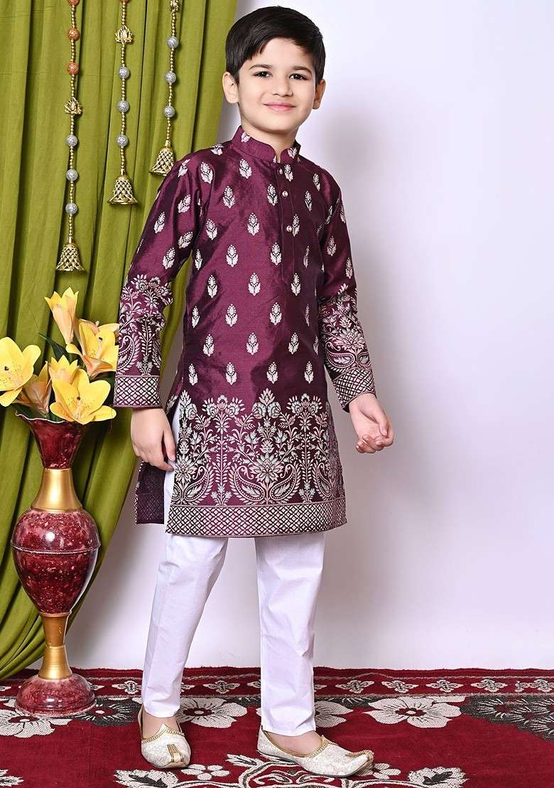 Purple Printed Silk Kurta Set For Boys - Indya