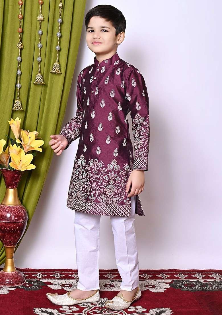 Purple Printed Silk Kurta Set For Boys - Indya