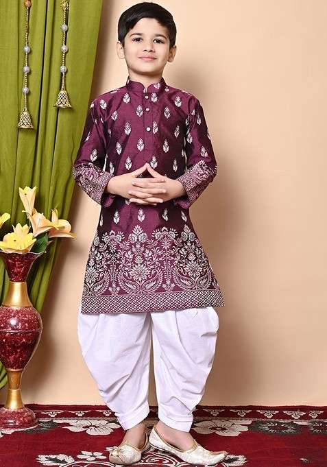 Purple Printed Silk Kurta Set For Boys