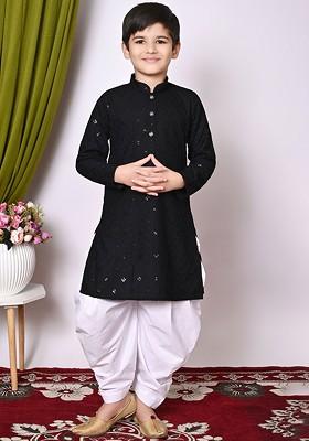 Black Embroidered Blended Kurta Set For Boys