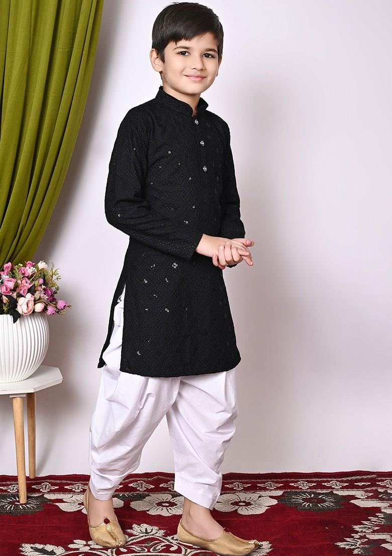 Black Embroidered Blended Kurta Set For Boys - Indya
