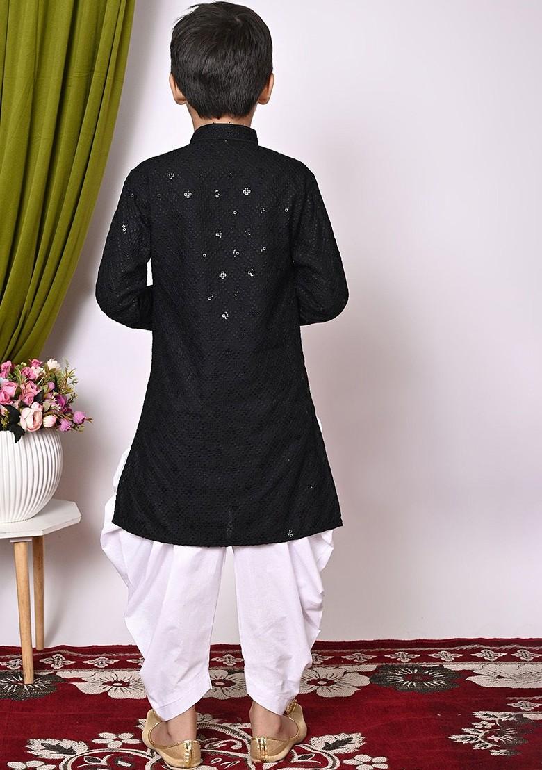 Black Embroidered Blended Kurta Set For Boys - Indya