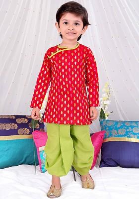 Red Printed Cotton Kurta Dhoti Set For Boys