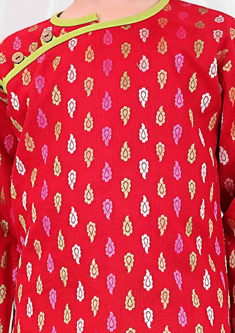 Red Printed Cotton Kurta Dhoti Set For Boys - Indya