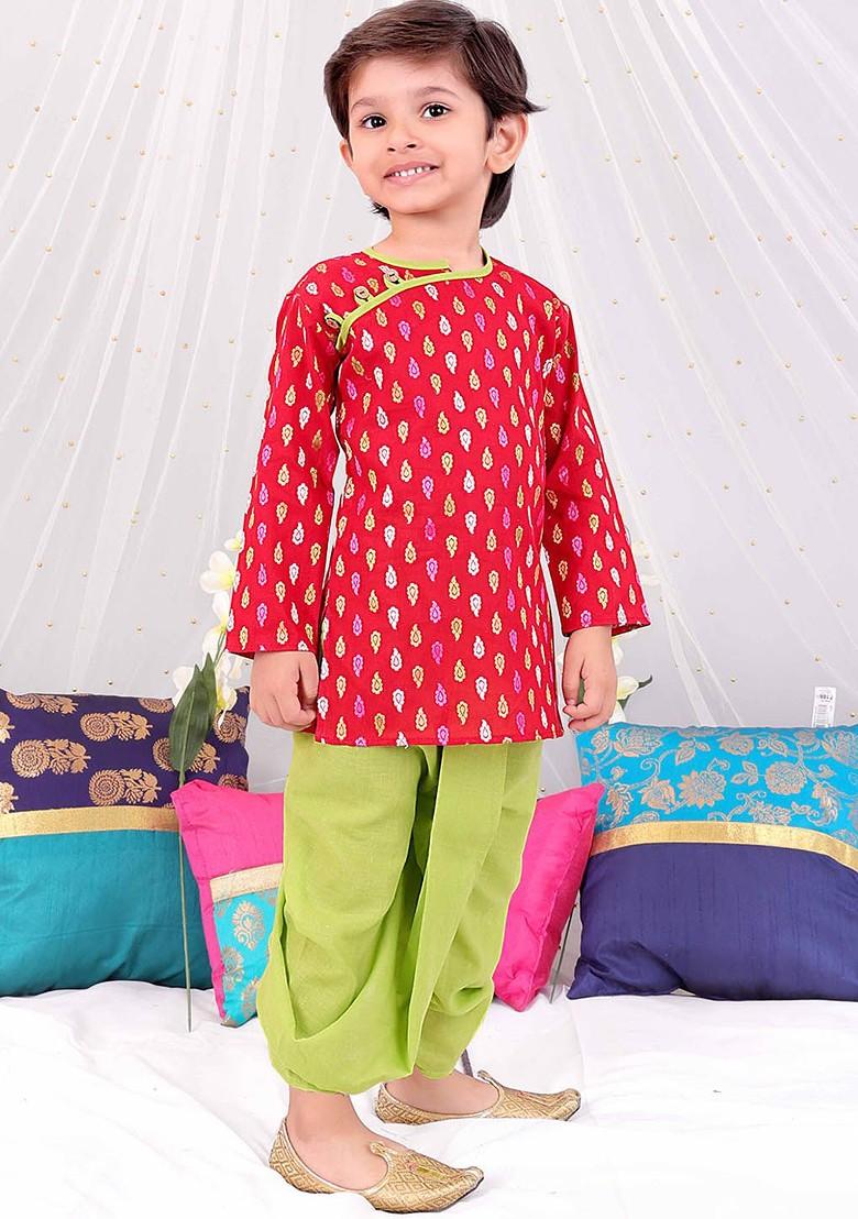 Red Printed Cotton Kurta Dhoti Set For Boys - Indya