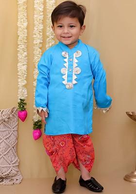 Blue Gotta Patti Work Cotton Kurta Dhoti Set For Boys