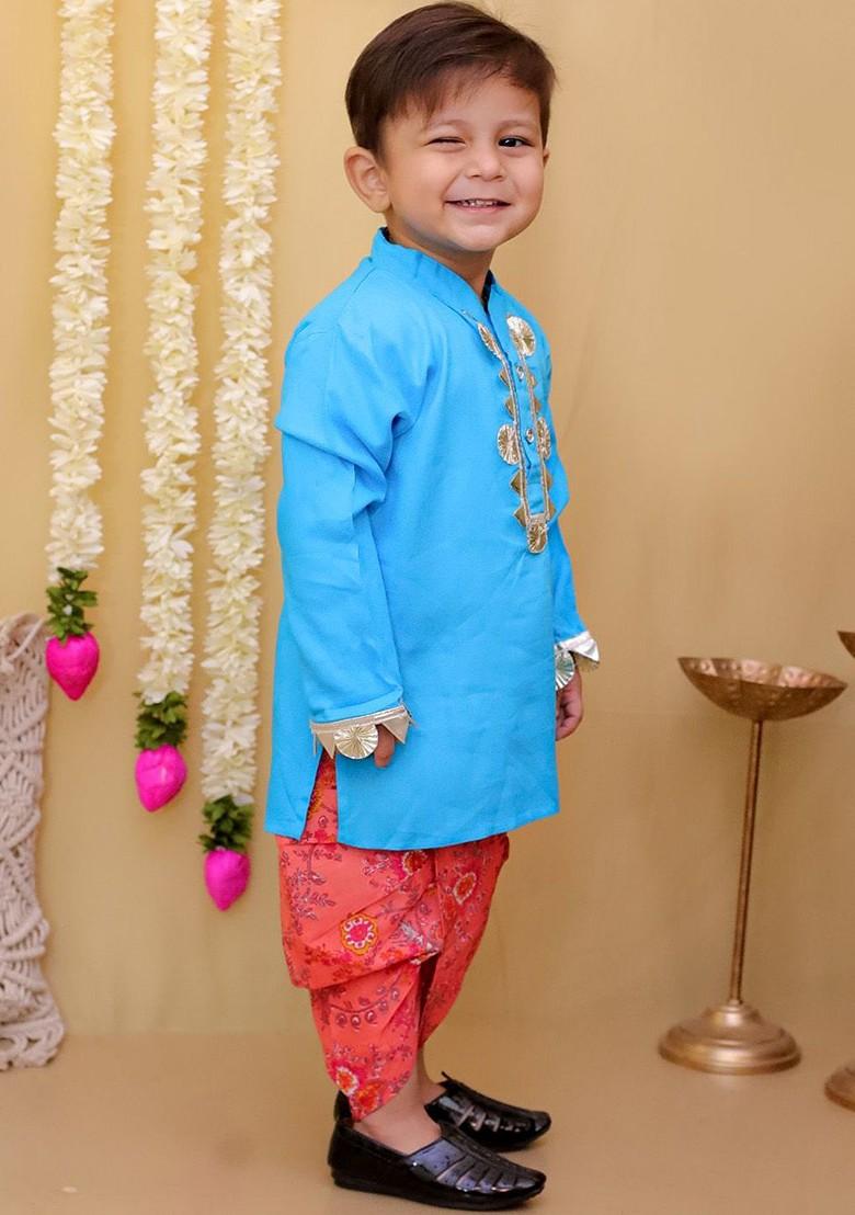 Blue Gotta Patti Work Cotton Kurta Dhoti Set For Boys - Indya