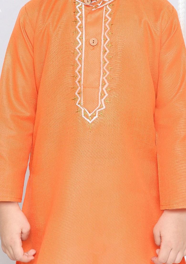 Orange Thread Work Cotton Kurta Set For Boys - Indya