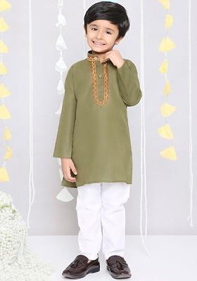 Green Embroidered Cotton Kurta Set For Boys