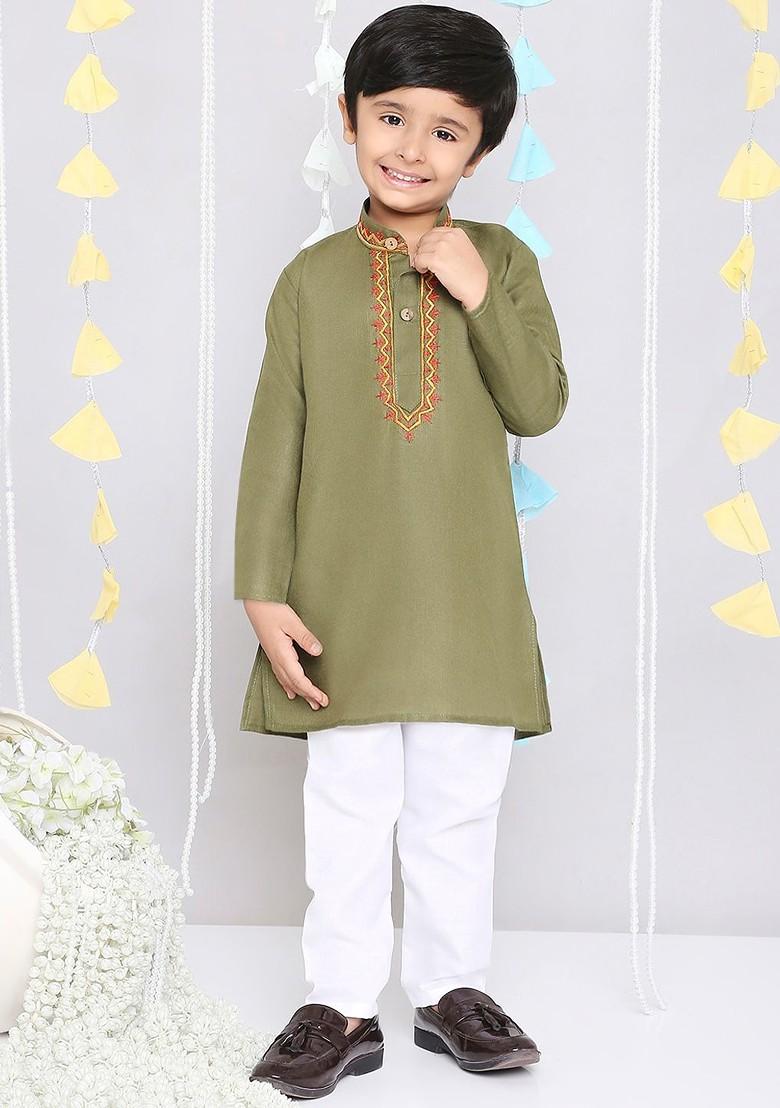 Green Embroidered Cotton Kurta Set For Boys - Indya
