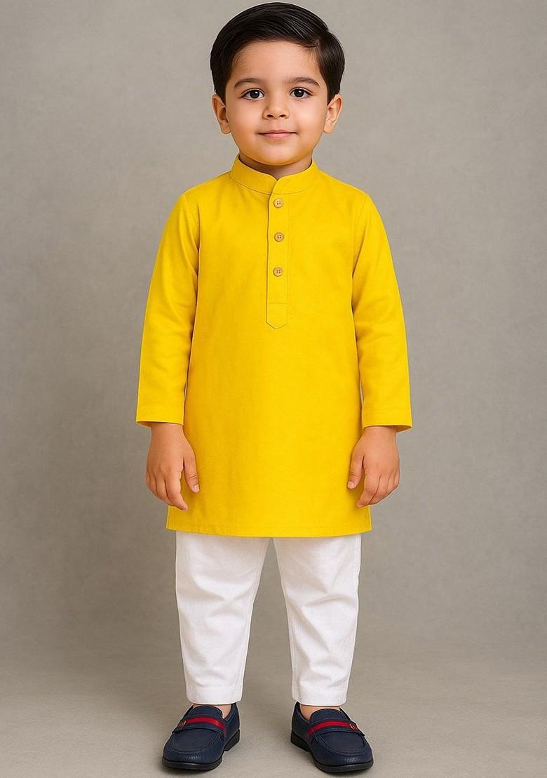 Yellow Solid Cotton Kurta Set For Boys - Indya