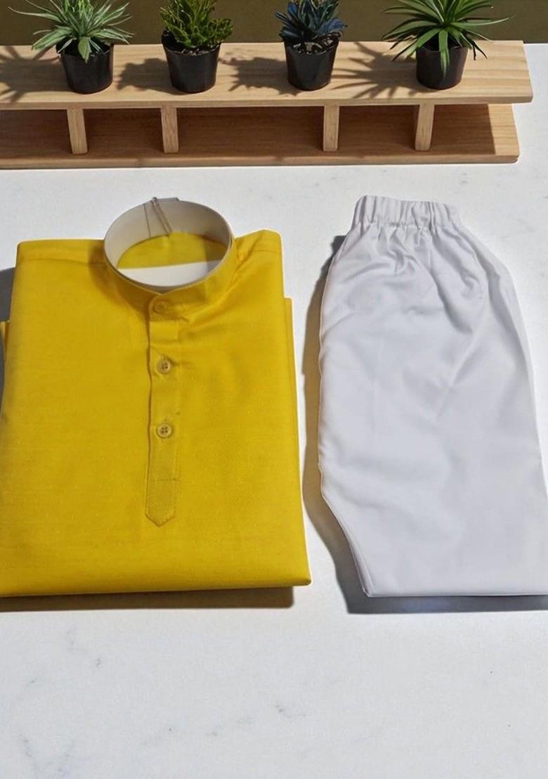 Yellow Solid Cotton Kurta Set For Boys - Indya