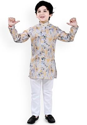 Grey Printed Blended Kurta Set For Boys