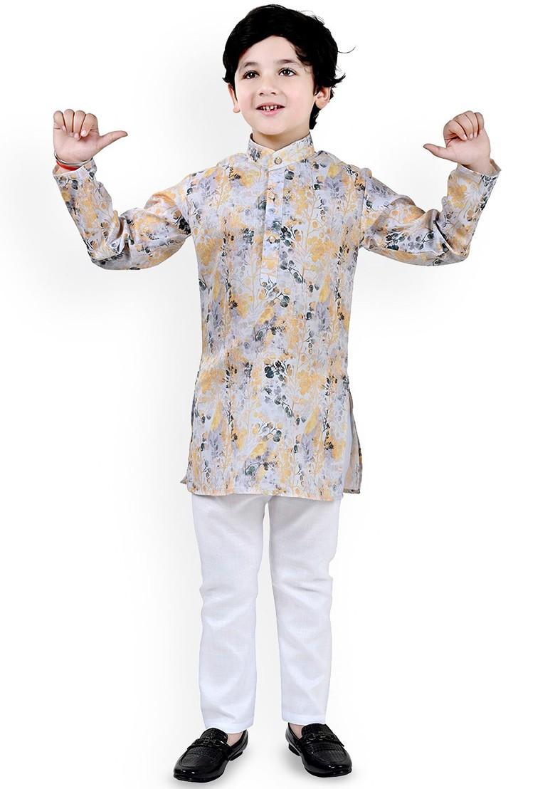 Grey Printed Blended Kurta Set For Boys - Indya