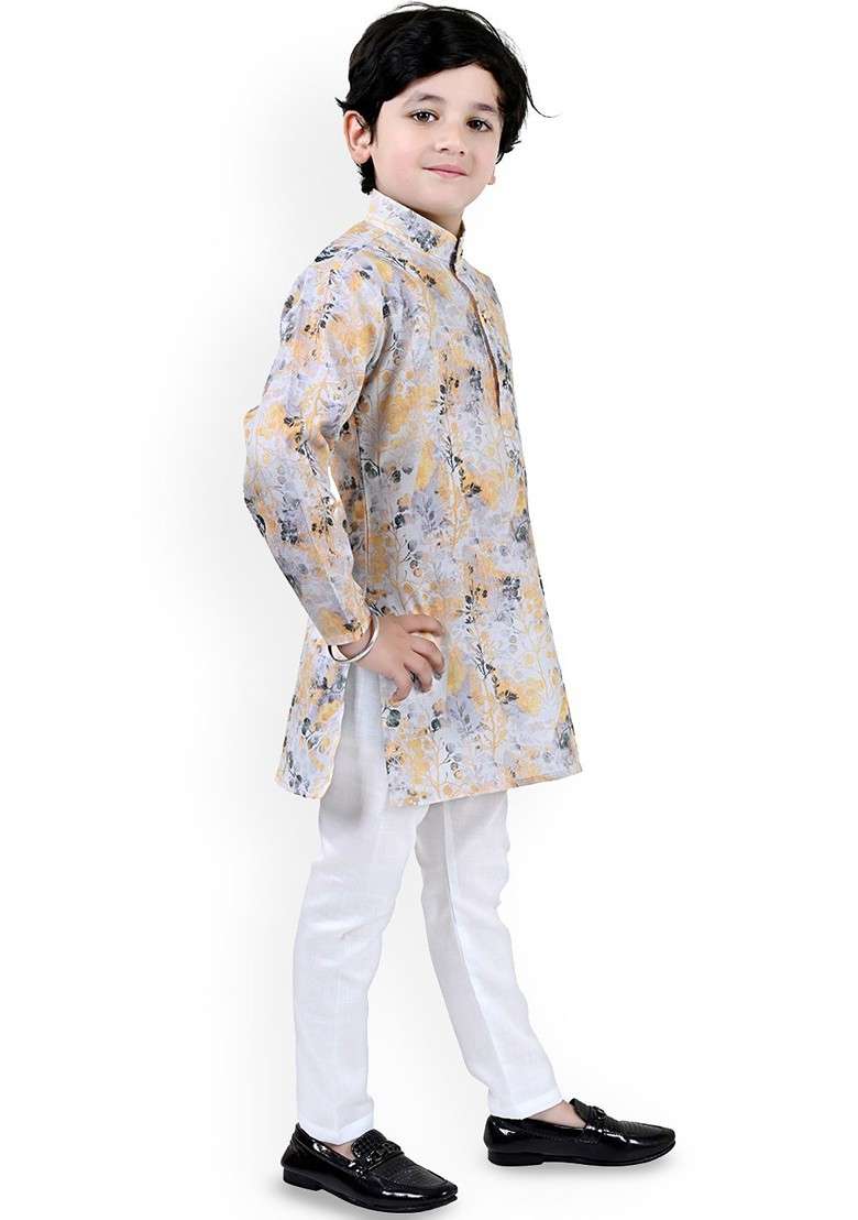 Grey Printed Blended Kurta Set For Boys - Indya