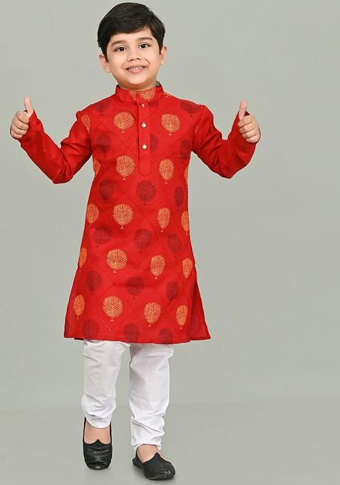 Red Printed Blended Kurta Set For Boys — view on Indya