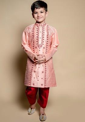 Peach Embroidered Blended Kurta Set For Boys