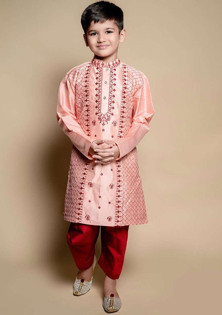 Peach Embroidered Blended Kurta Set For Boys - Indya