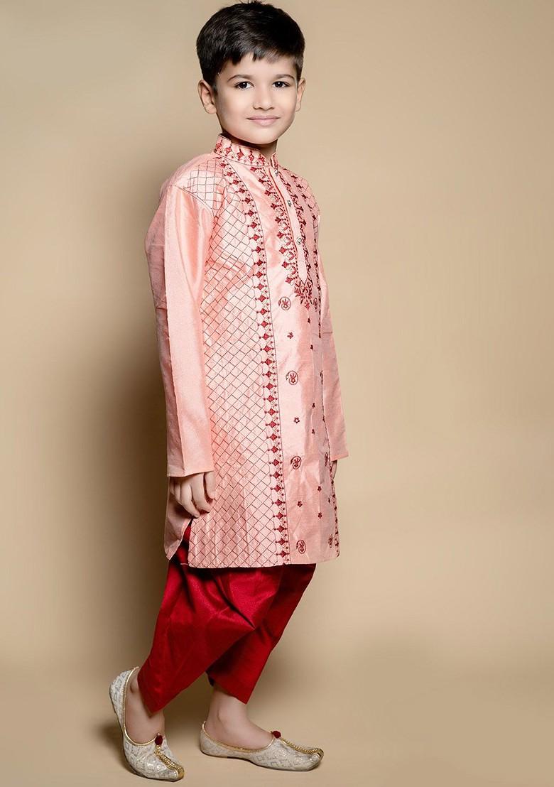 Peach Embroidered Blended Kurta Set For Boys - Indya