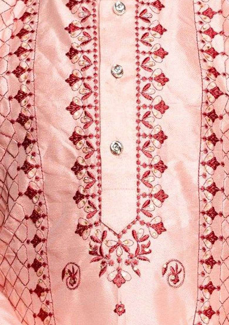 Peach Embroidered Blended Kurta Set For Boys - Indya