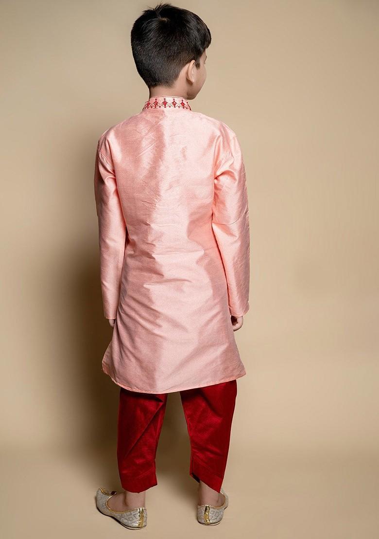 Peach Embroidered Blended Kurta Set For Boys - Indya