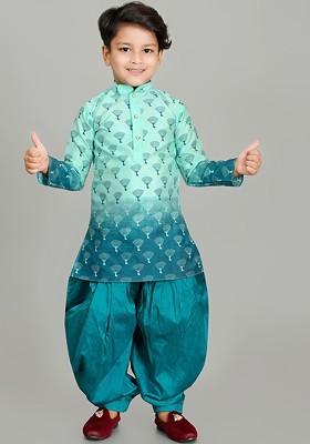Sea Green Printed Blended Kurta Set For Boys