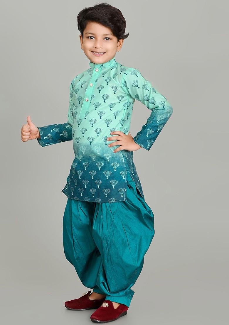 Sea Green Printed Blended Kurta Set For Boys - Indya