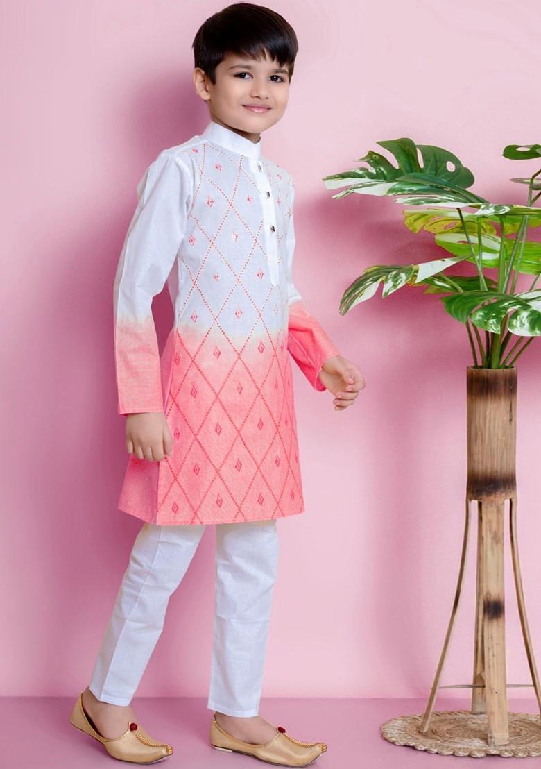 Orange Embroidered Blended Kurta Set For Boys - Indya