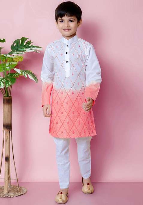 Orange Embroidered Blended Kurta Set For Boys