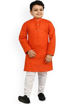 Orange Embroidered Blended Kurta Set For Boys
